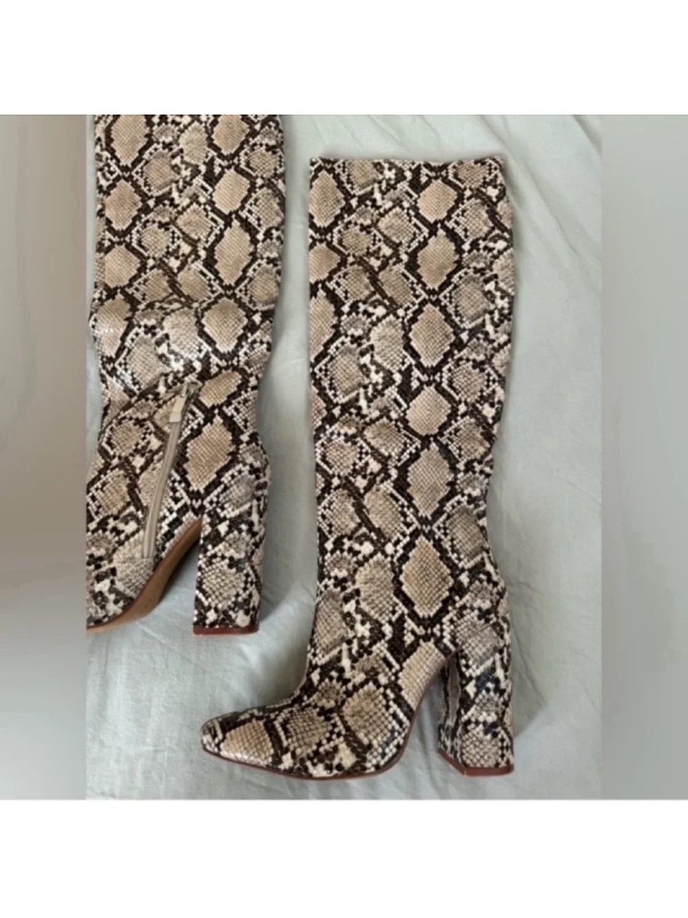 Zara Snake-Print Over-the-Knee Boots - Beige and Black